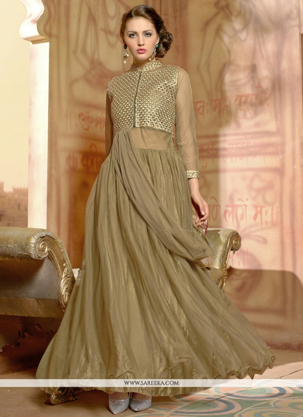 Light Brown Net Designer Gown