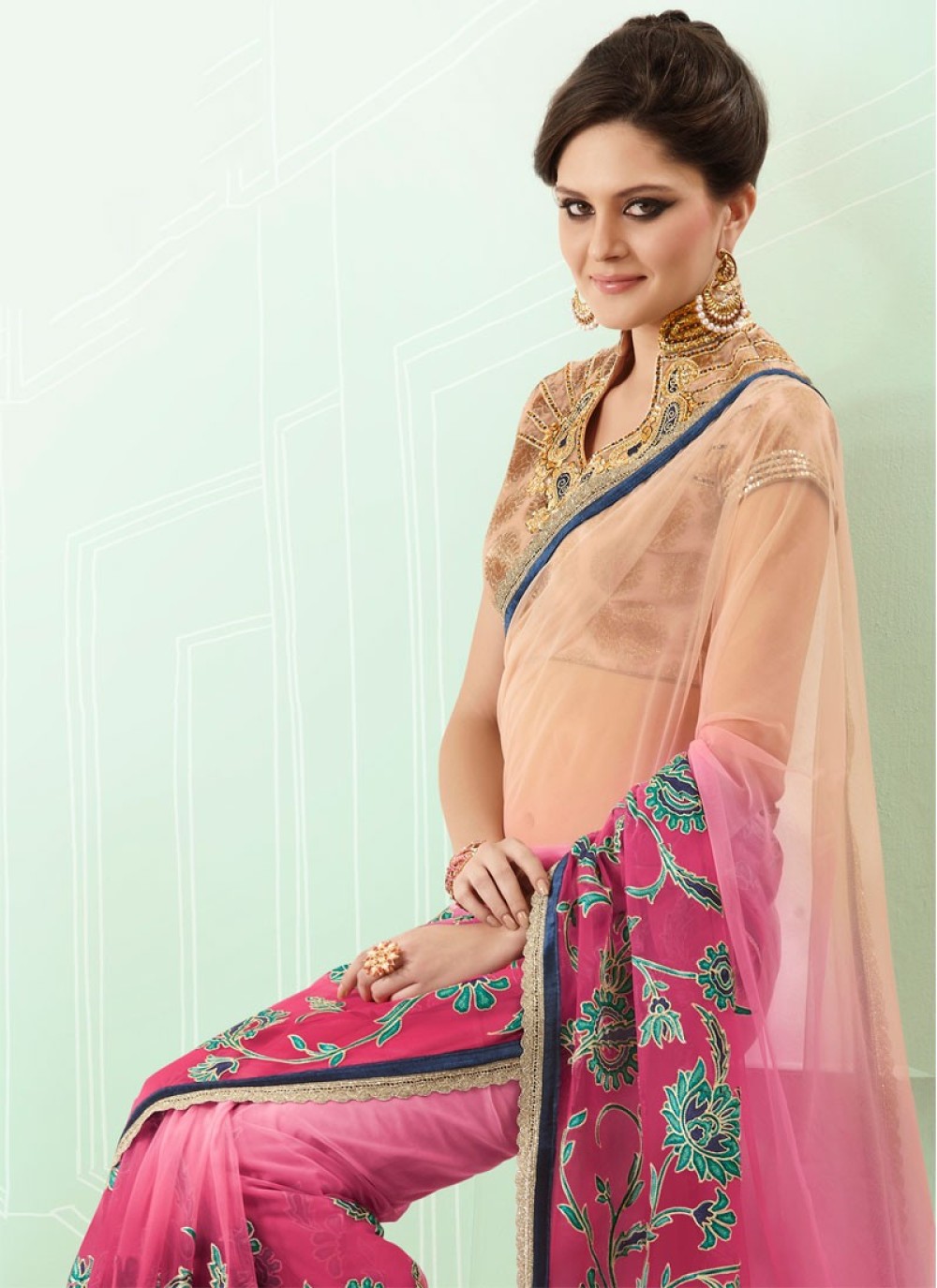 Light Pink And Beige Shaded Net Saree