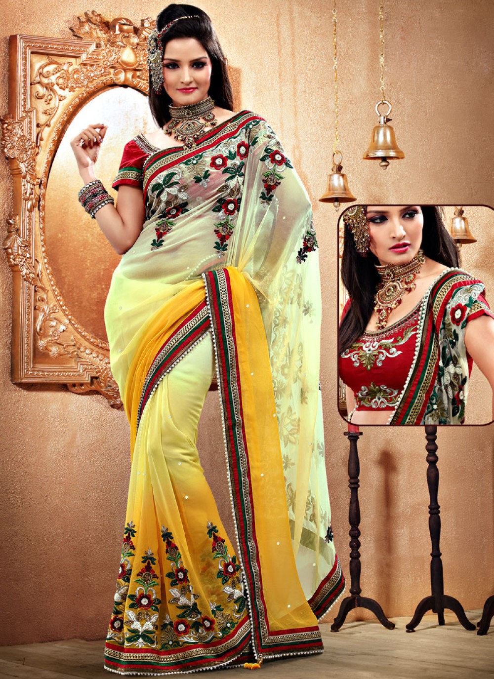 Light Yellow And Mustard Faux Georgette Saree