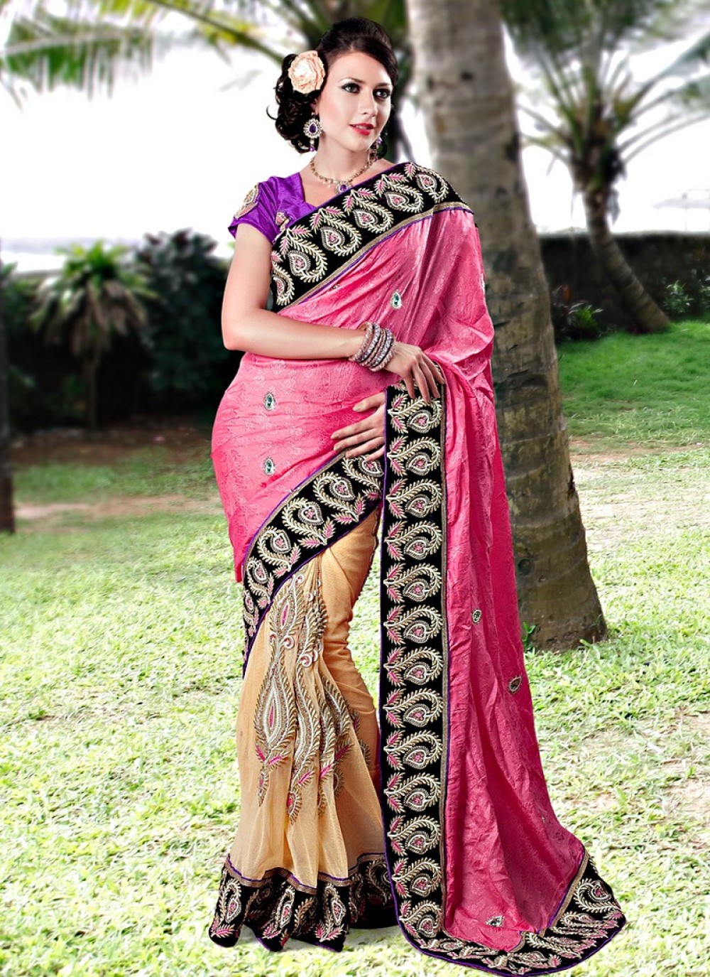 Cream And Pink Embroidered Net Wedding Saree