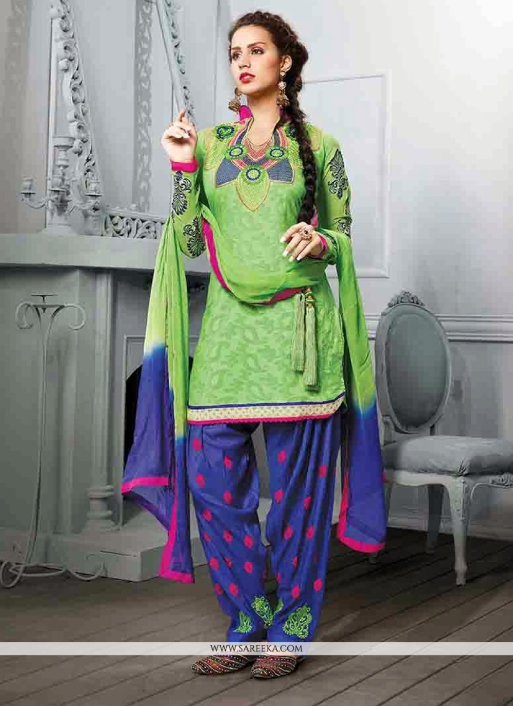 Green Cotton Jacquard Punjabi Suit