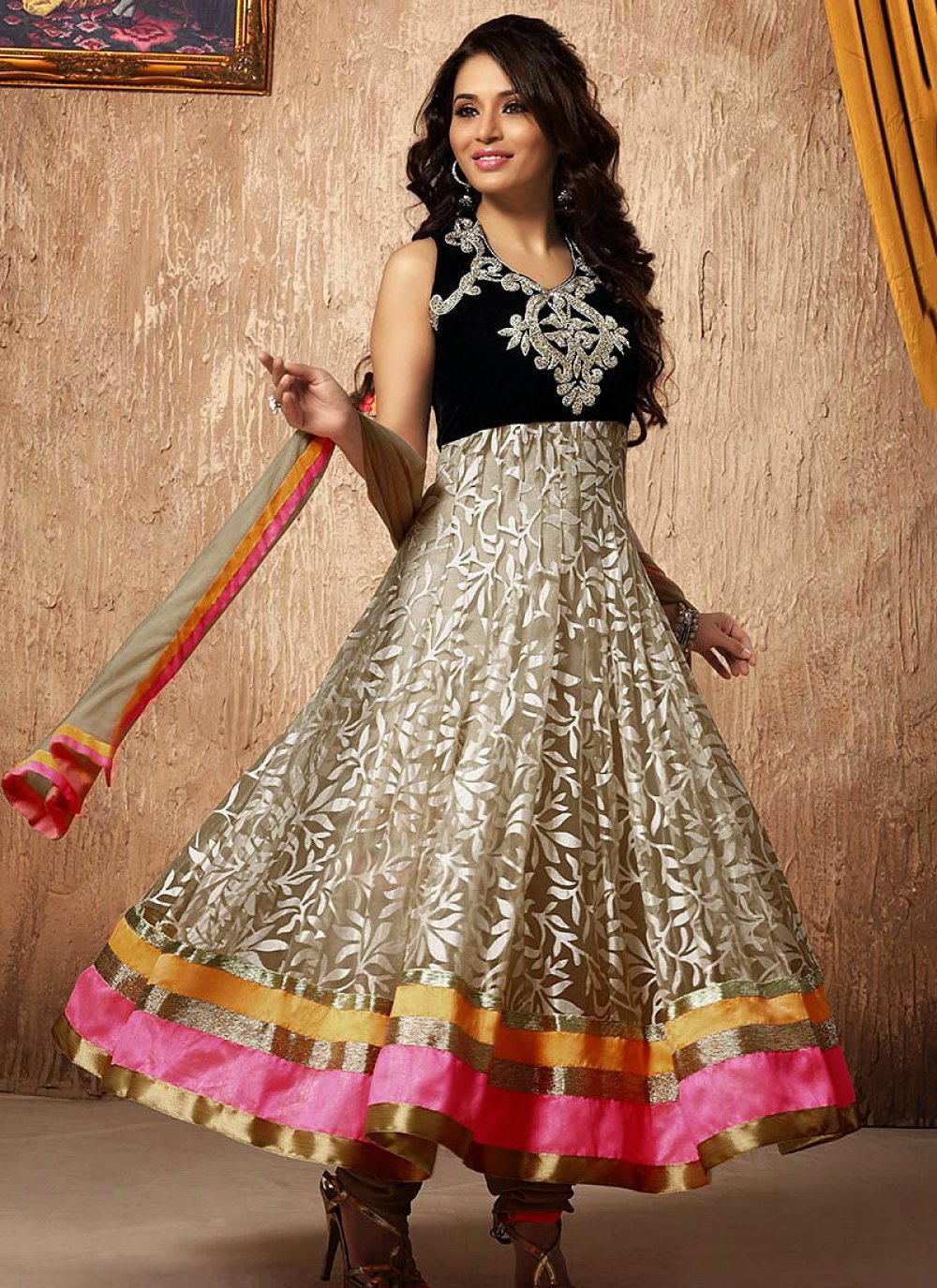 Off White And Black Net Anarkali Suit