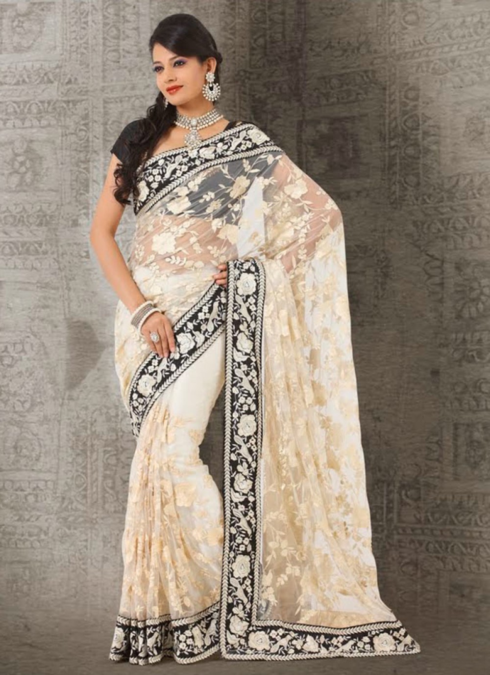Off White Shaded Embroidery Work Net Saree