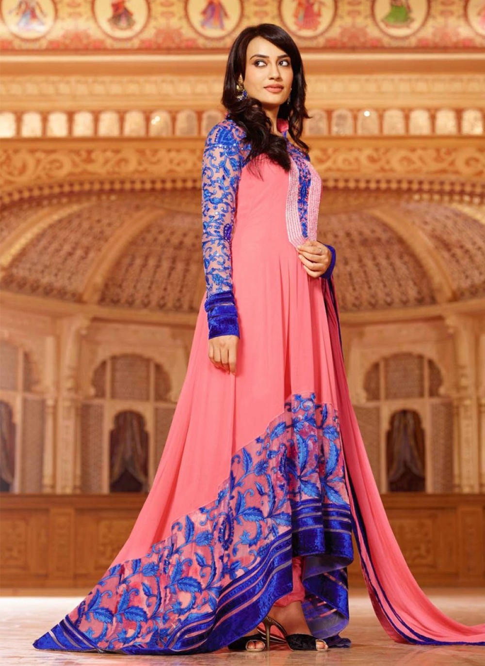 Pink And Blue Resham Work Faux Georgette Anarkail Suit