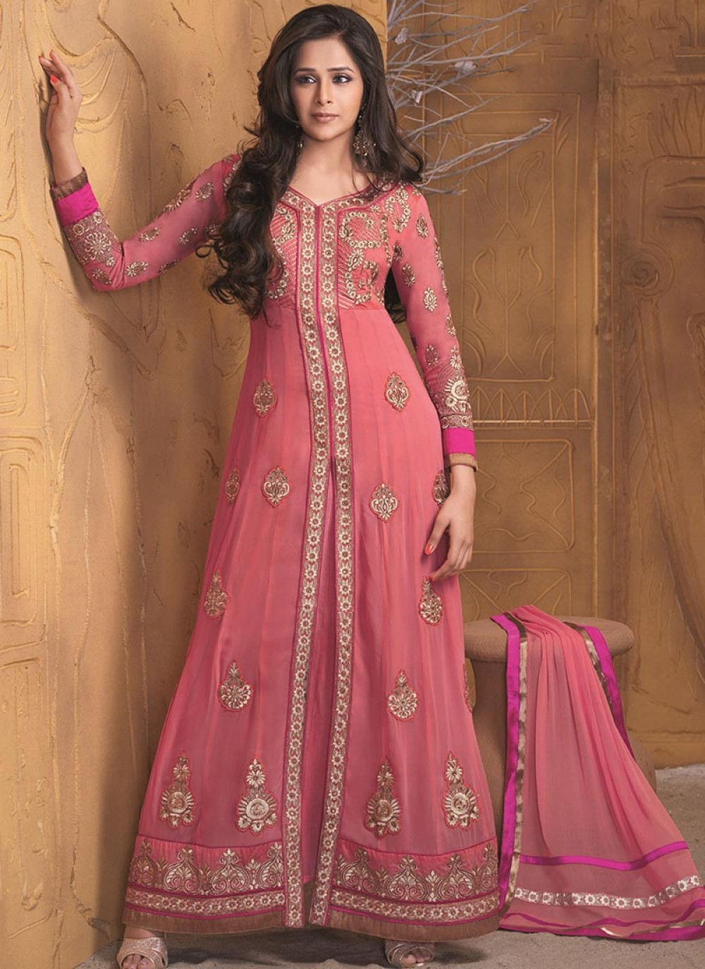 Pink Resham Work Net Length Anarkali Suit