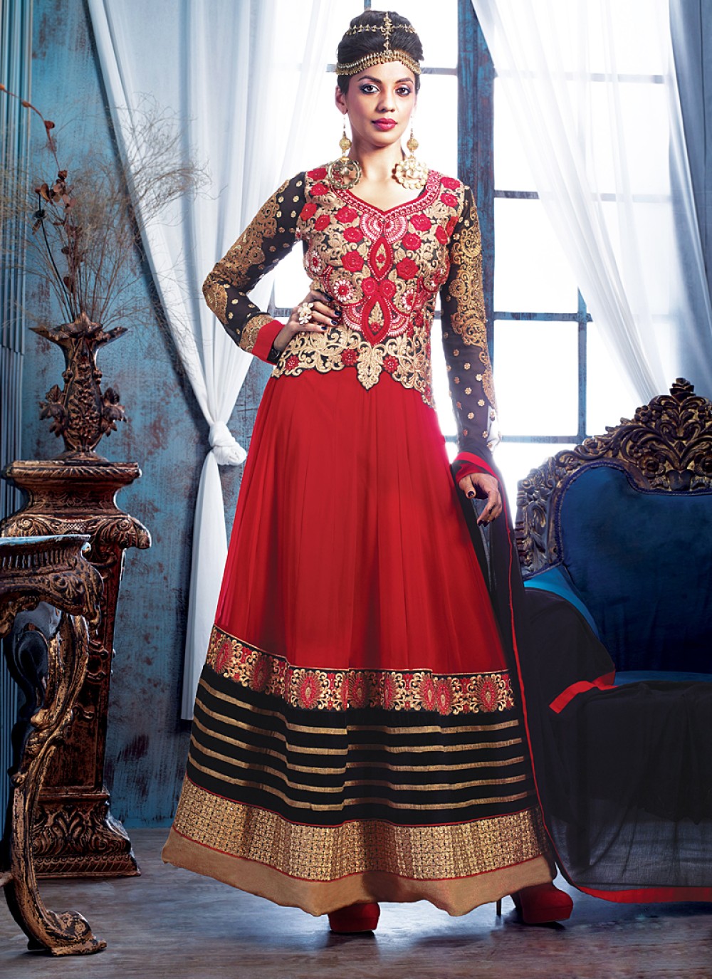 Red Zari Work Net Anarkali Salwar Suit