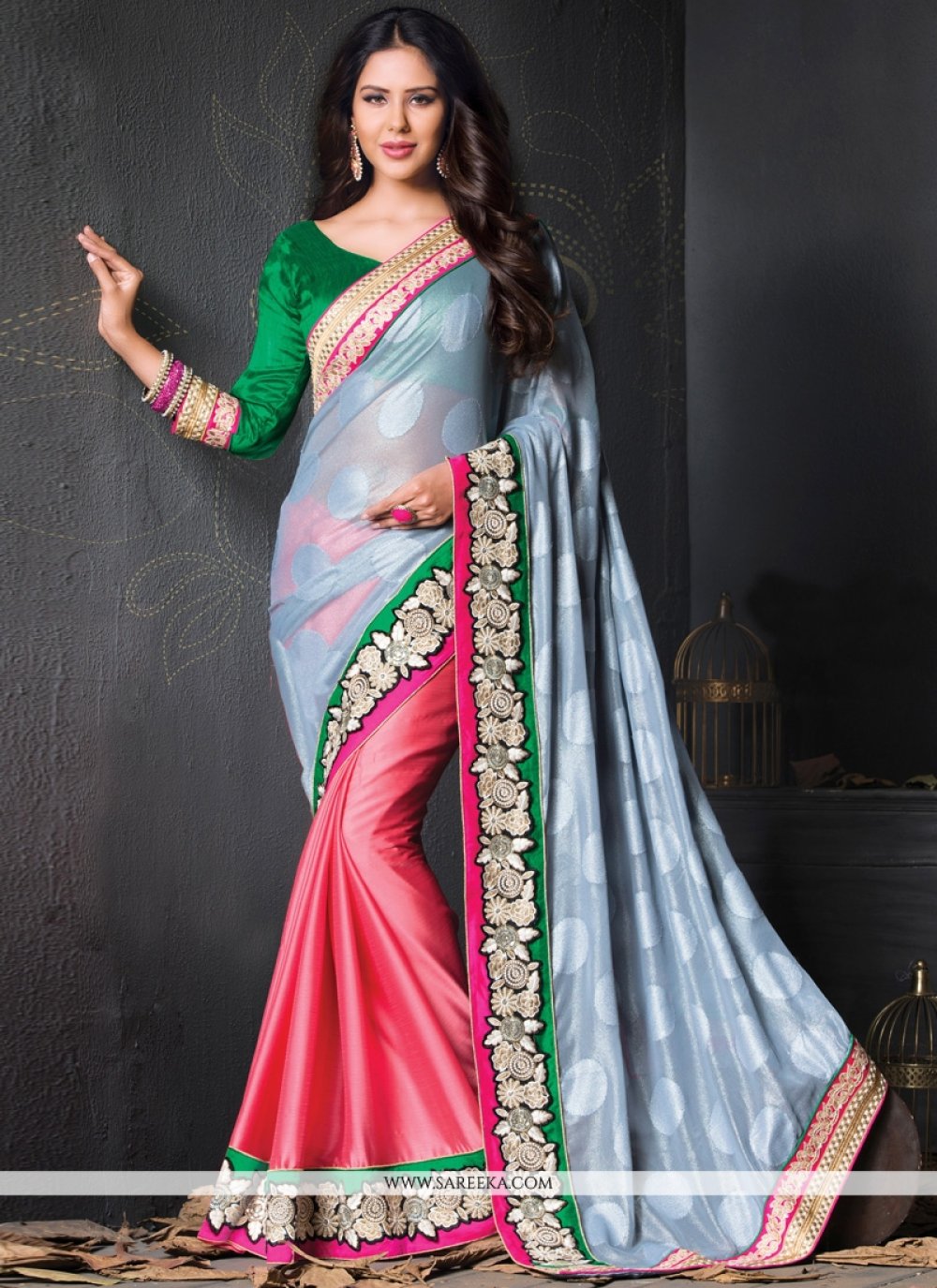 Pink And Grey Color with Weaving Embroidery Pastel Saree