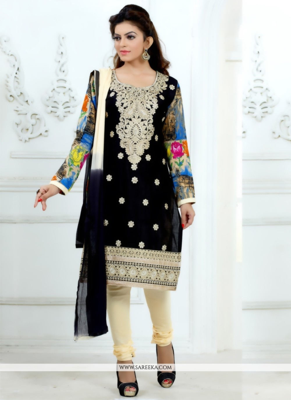 Luscious Resham Work Black Cotton   Churidar Salwar Suit