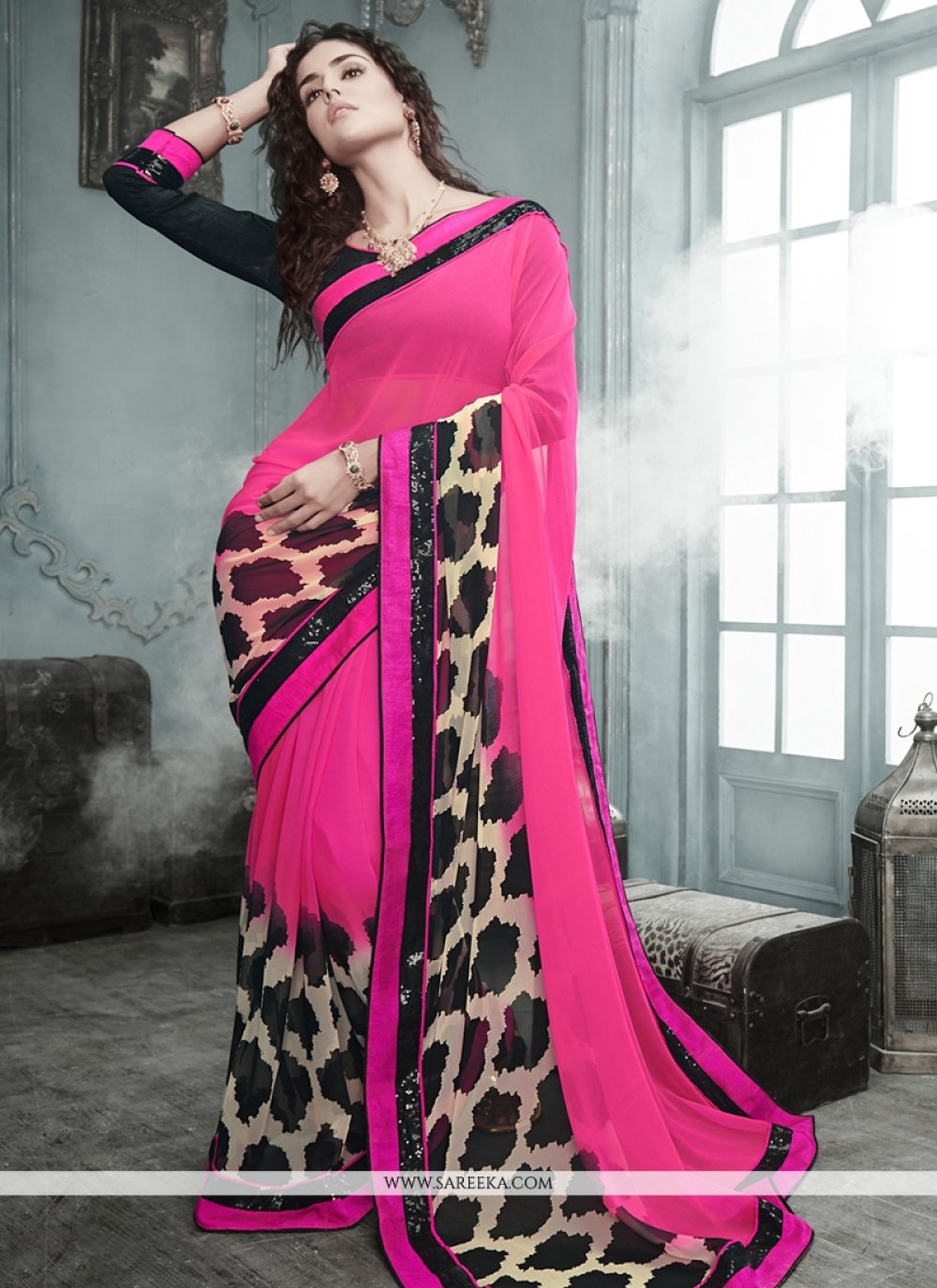 Lustrous Pink Georgette Casual Saree