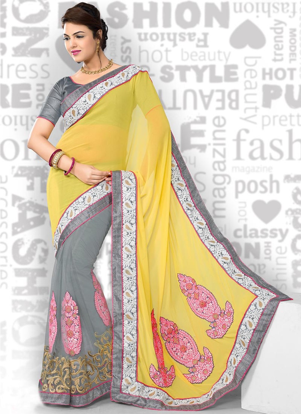 Yellow And Grey Printed Net Lehenga Saree -