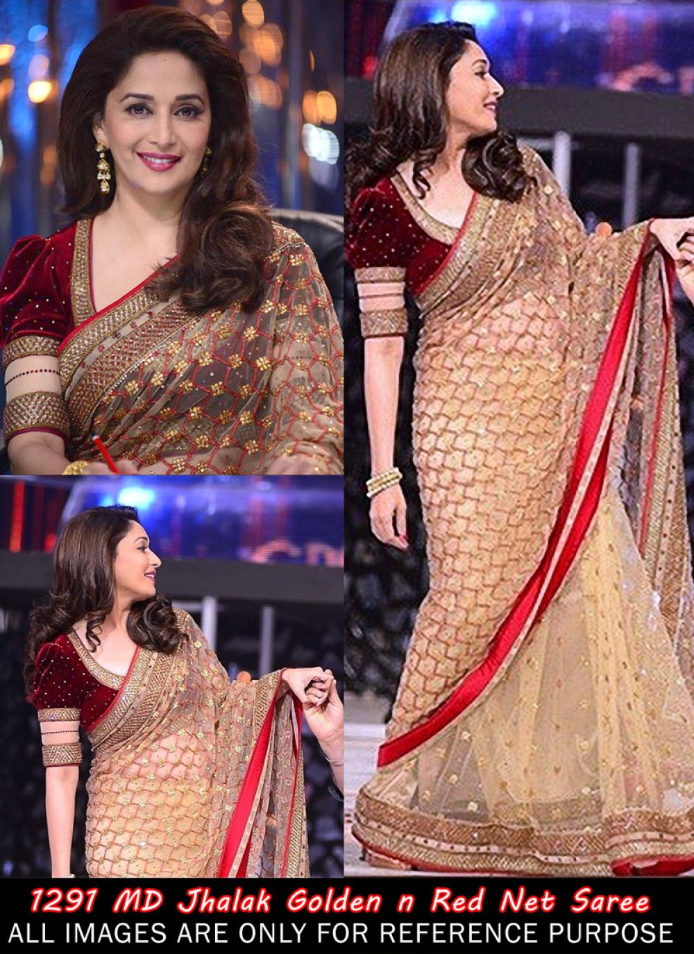 madhuri dixit style beige and red net saree