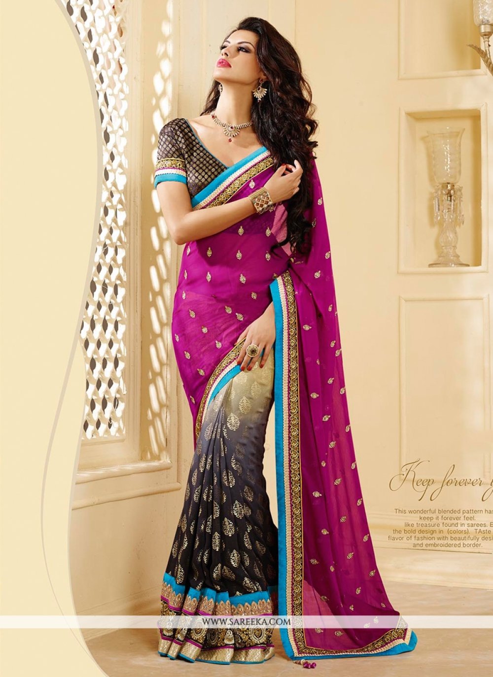 Magenta And Black Shaded Georgette Saree