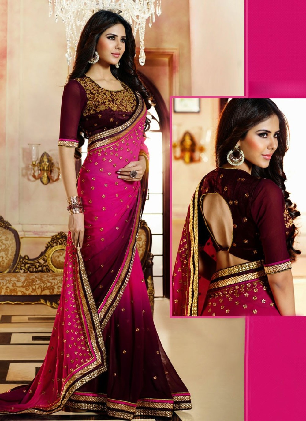 Magenta And Wine Shaded Georgette Saree