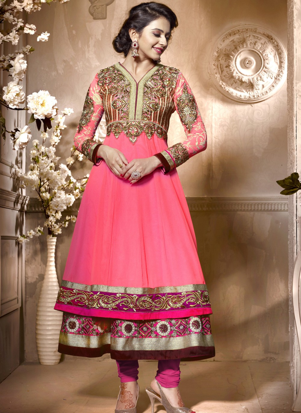 Pink Embroidery Work Net Anarkali Suit