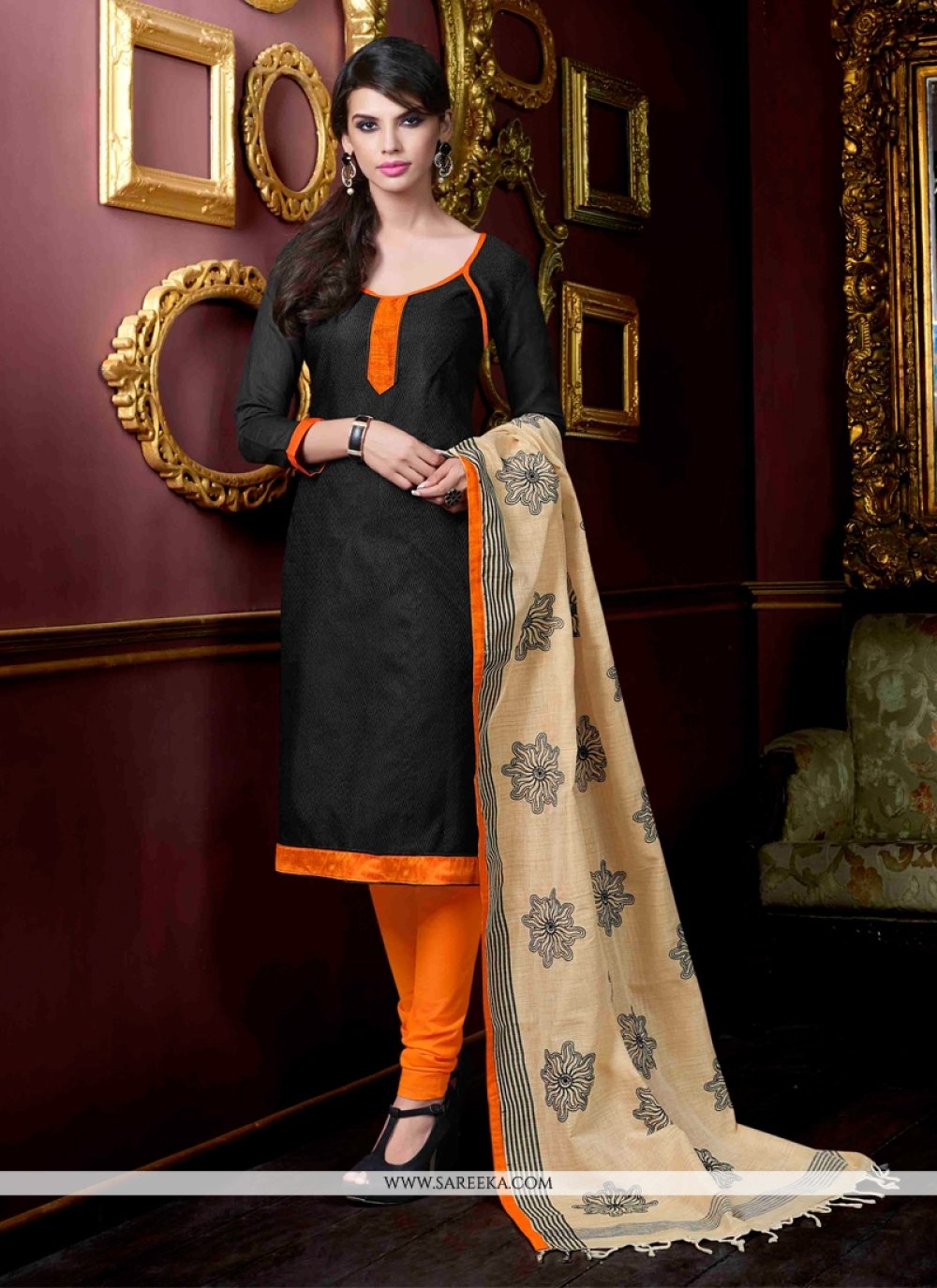 Buy Shree Cotton Contrast Yoke Churidar Black Salwar Suit Set at Amazon.in