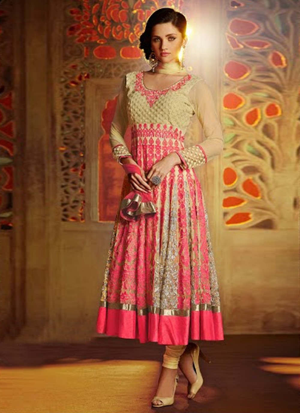 Markable Cream And Pink Resham Work Net Anarkali Suit
