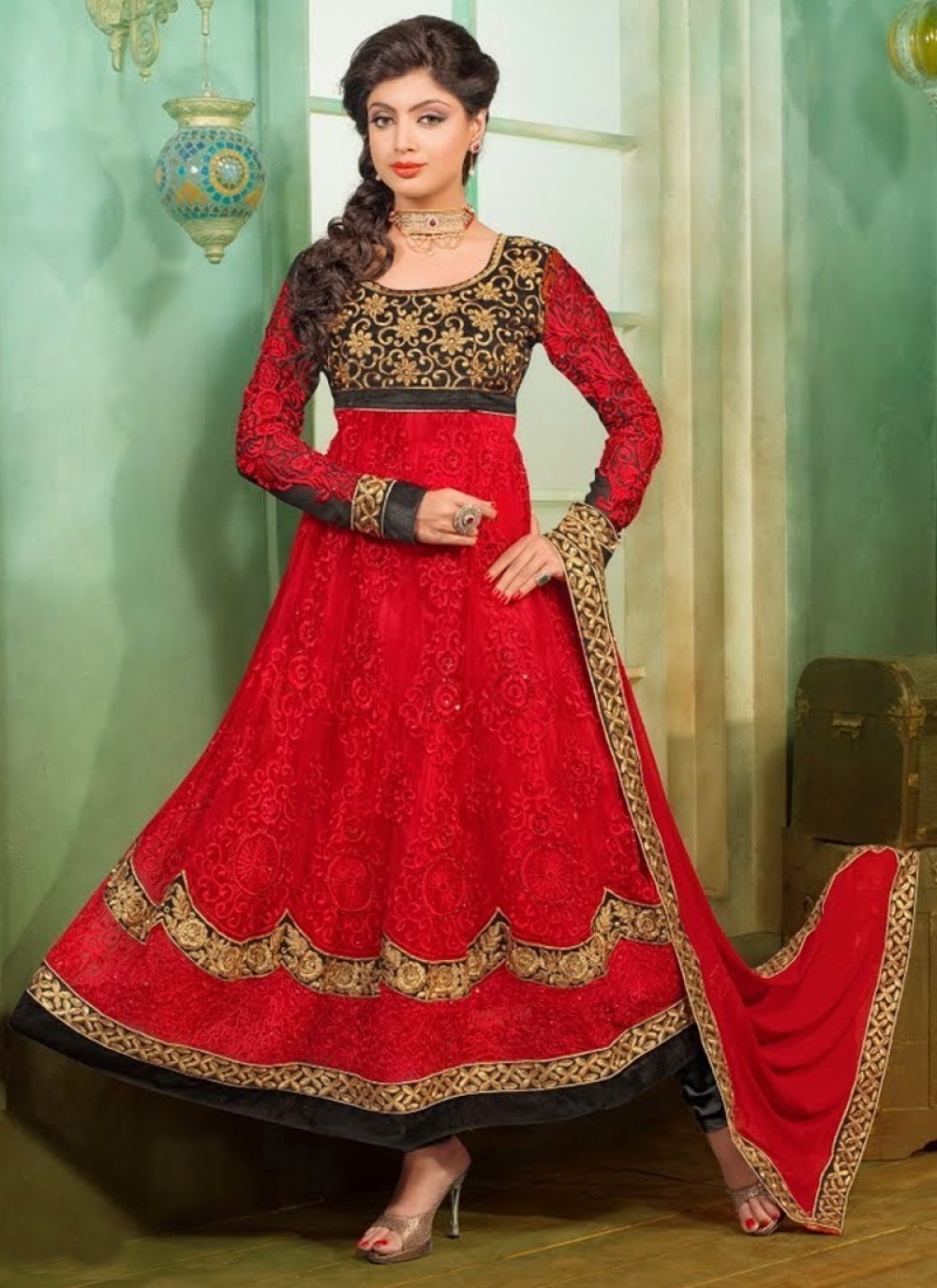 Markable Red Embroidery Anarkali Suit