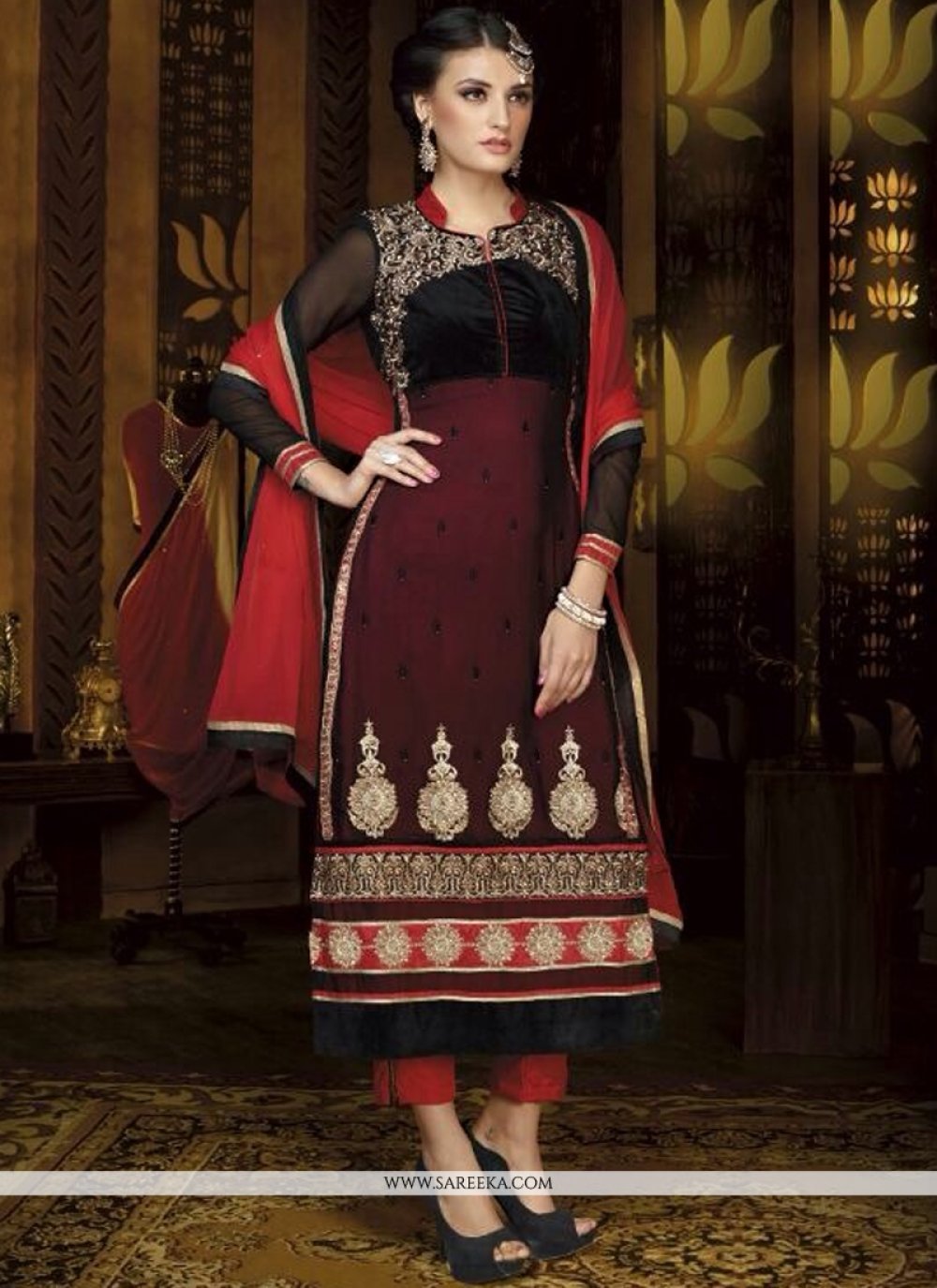 Maroon And Black Georgette Pant Style Suit