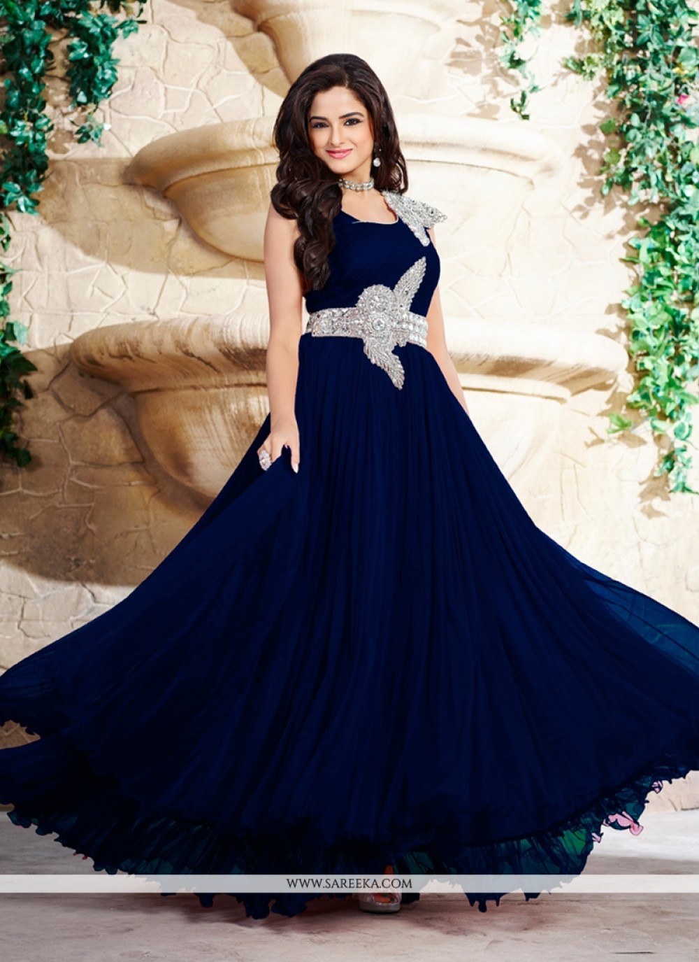 Net Navy Blue Designer Gown ...