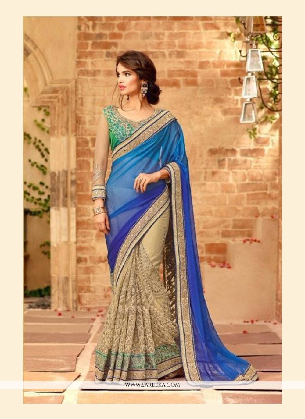 Beige And Blue Designer Bridal Sarees