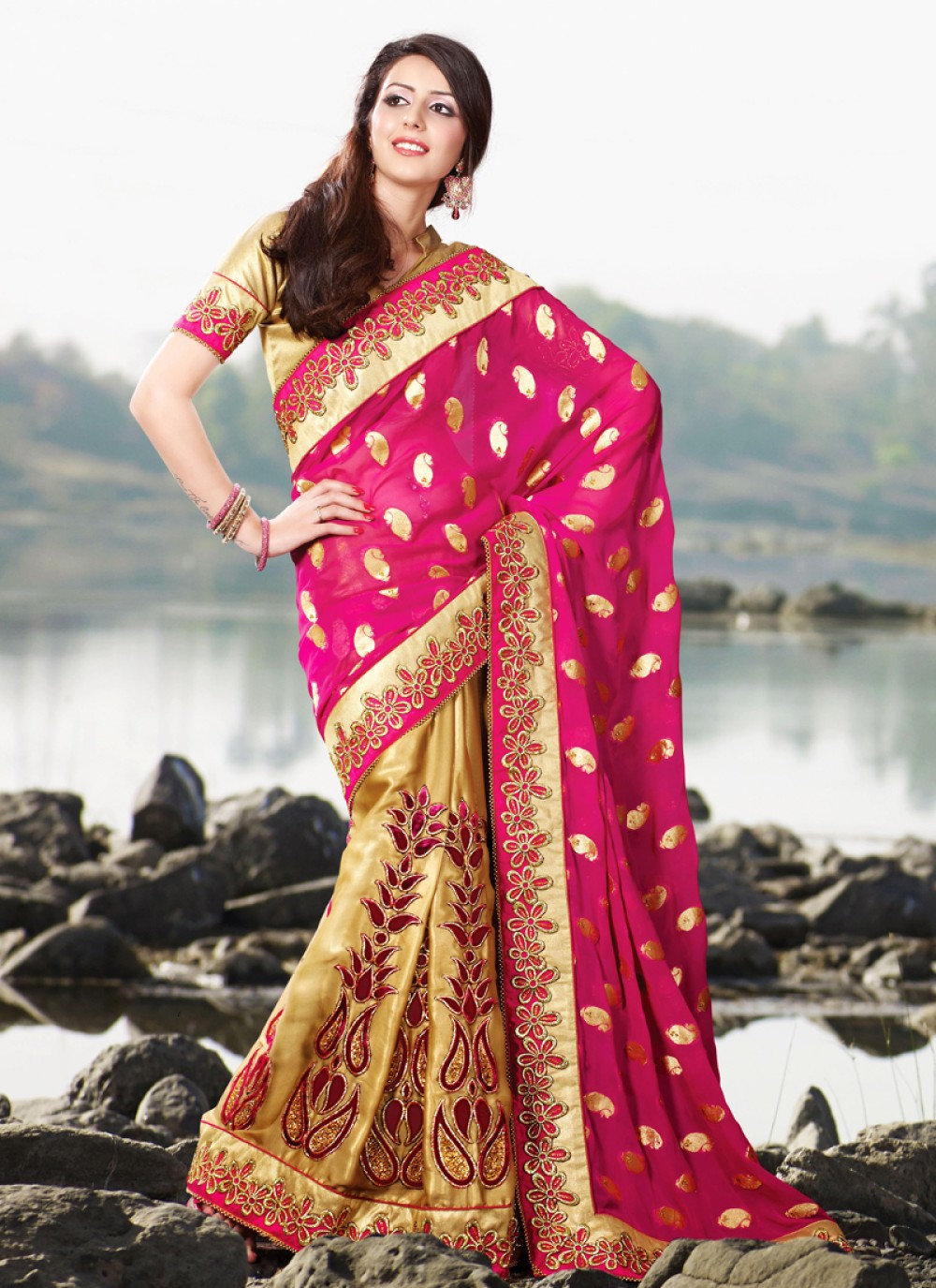 Melodic Bige Brown & Deep Pink Embroidered Saree