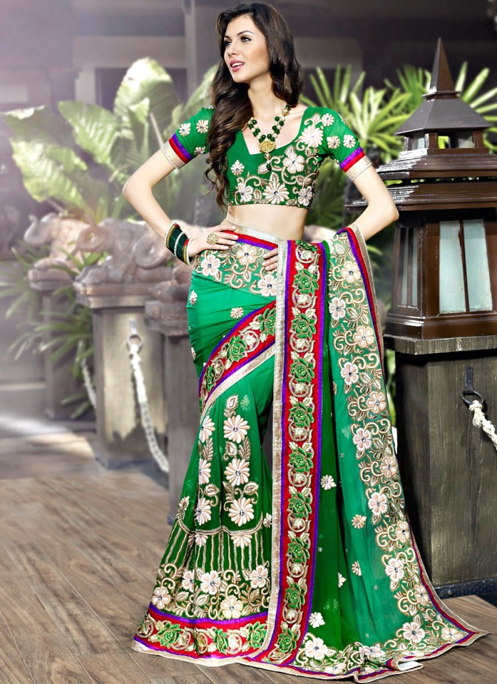 Melodic Bottle Green & Emerald Green Embroidered Saree