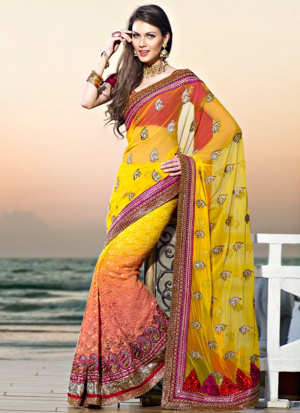 Apricot & Gold Color Embroidered Saree