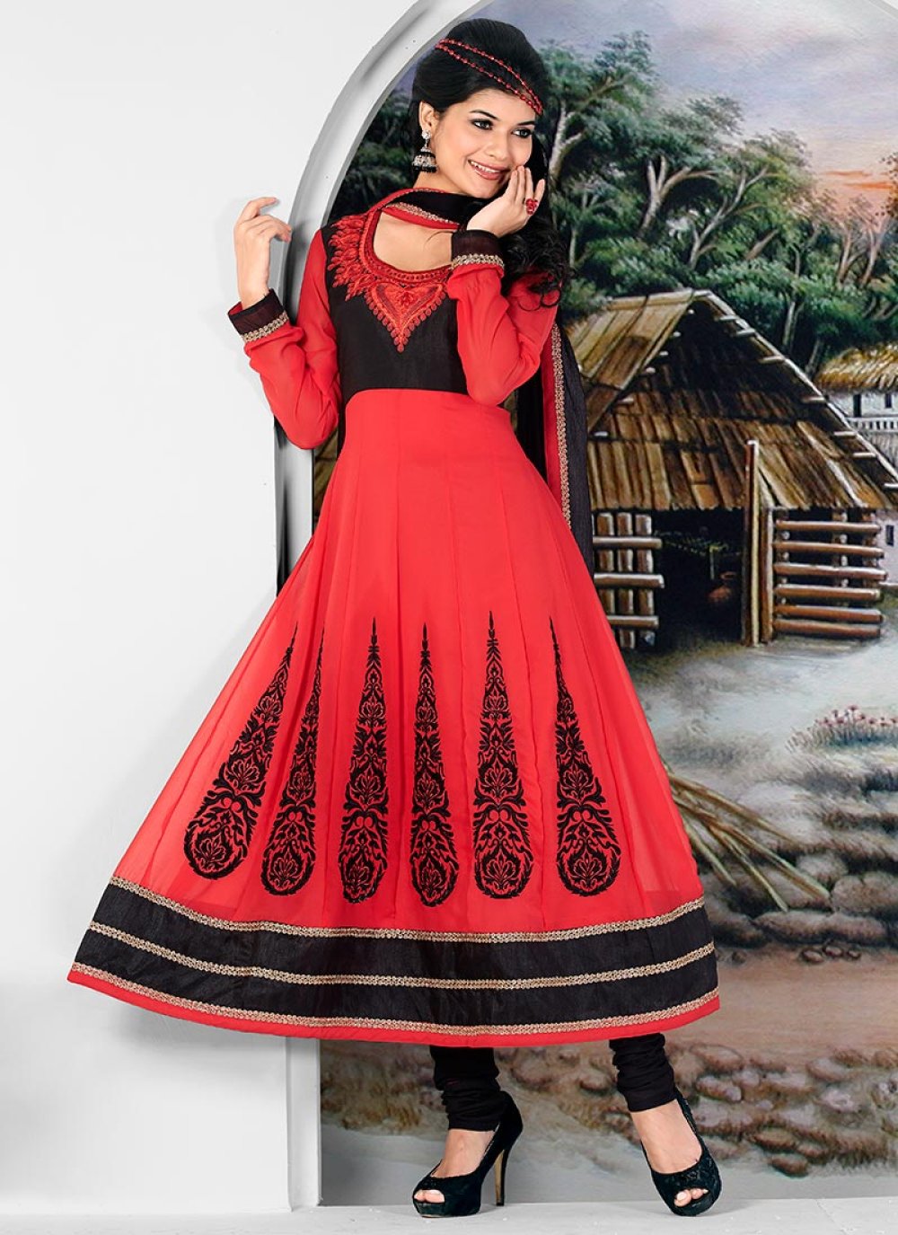 Red and black anarkali hot sale dress