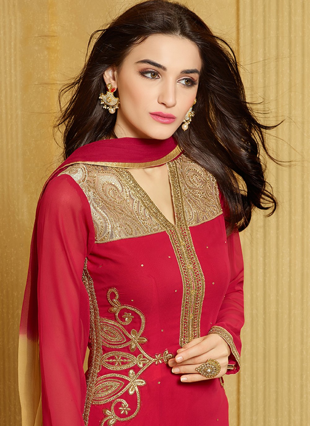 Red Embroidered Work Pant Style Suit Straight Salwar Suits