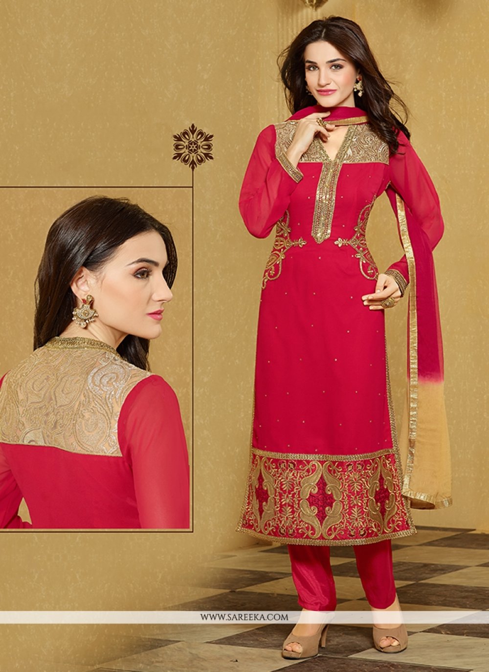 Red Embroidered Work Pant Style Suit