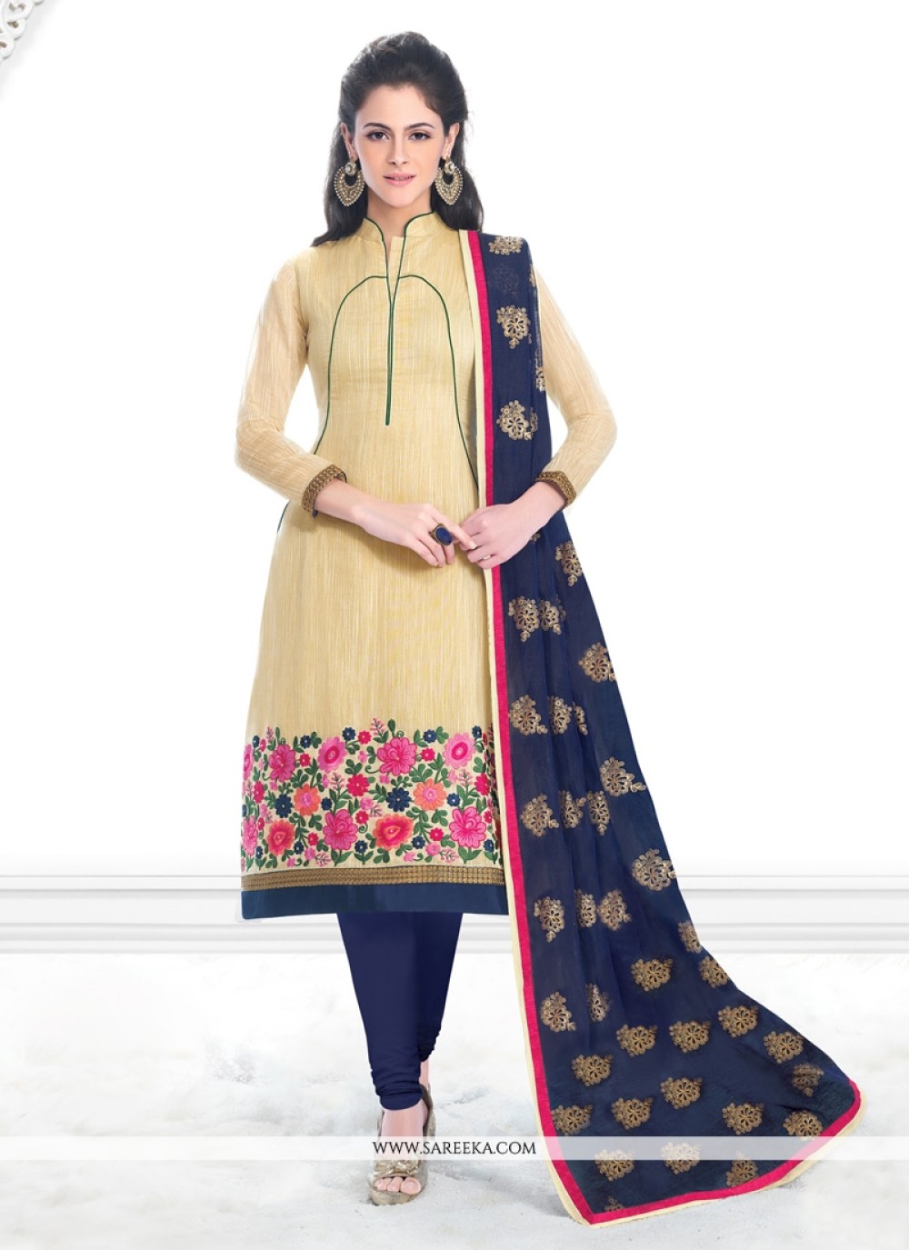 Lace Work Cream Banarasi Silk Churidar Salwar Suit