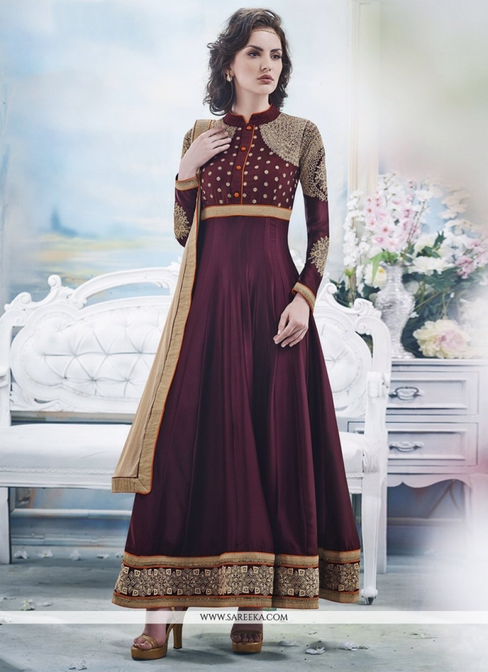 wine colour anarkali suit