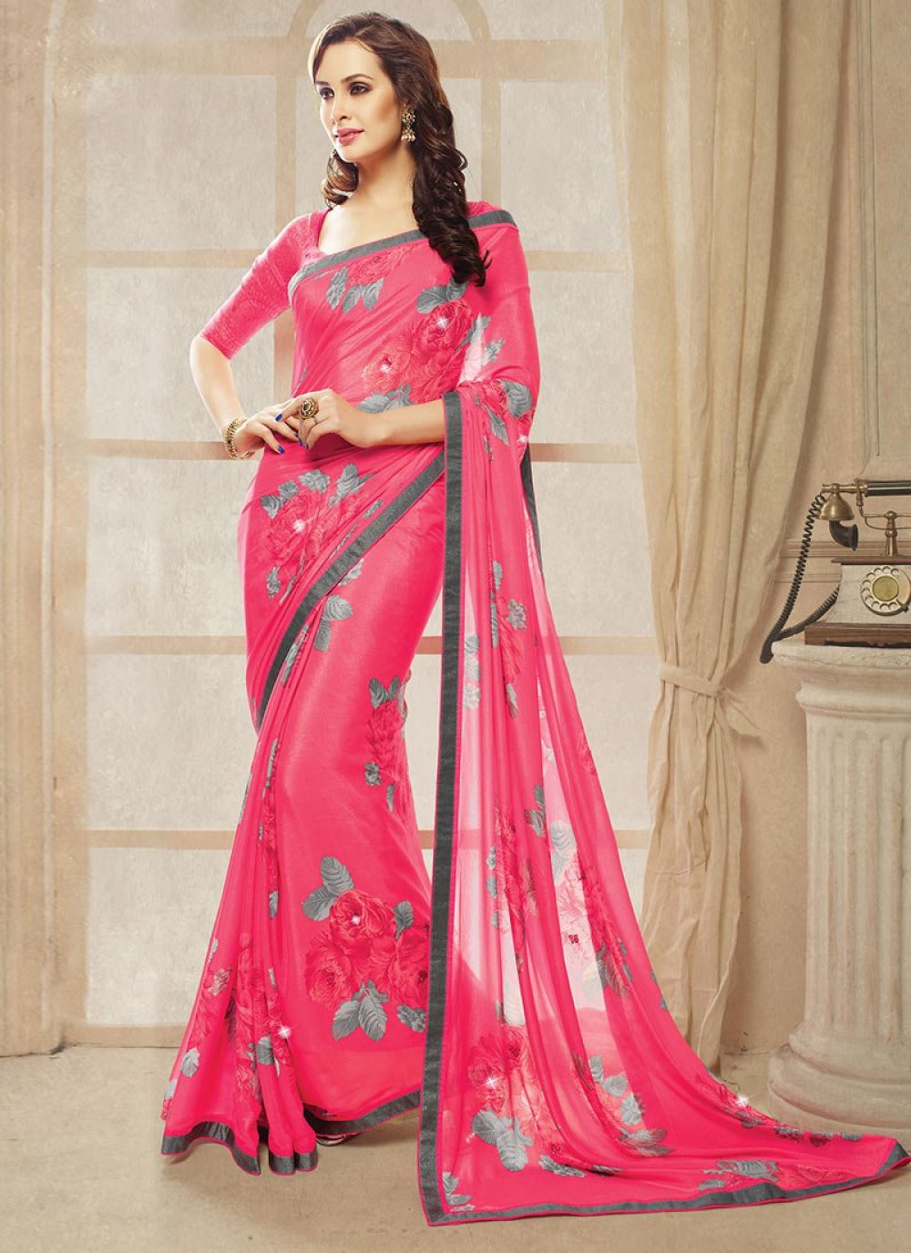 fcity.in - Printed Light Pink Georgette Saree With Blouse / Jivika  Sensational