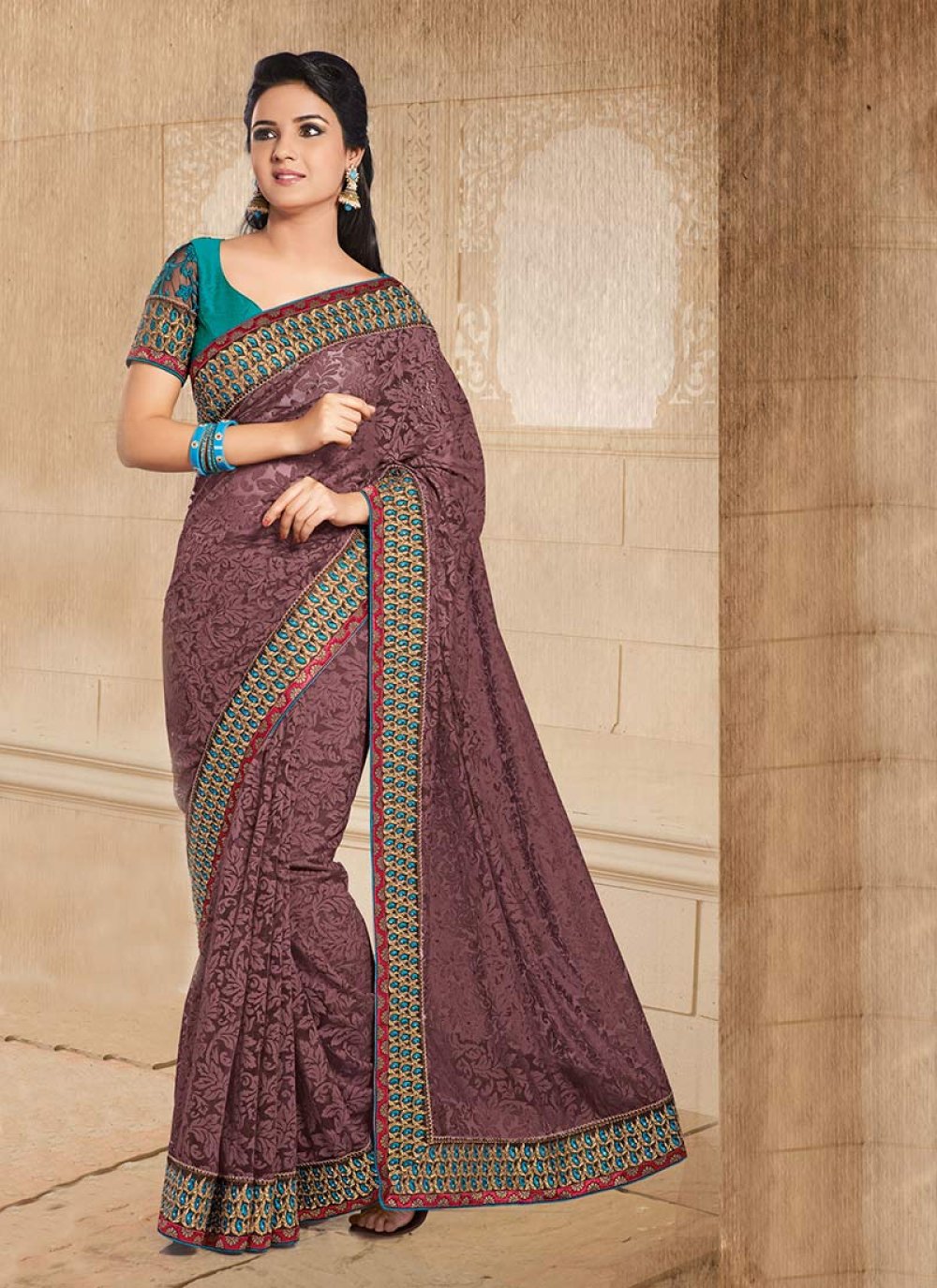 Movable Brown Net Brasso Wedding Saree -