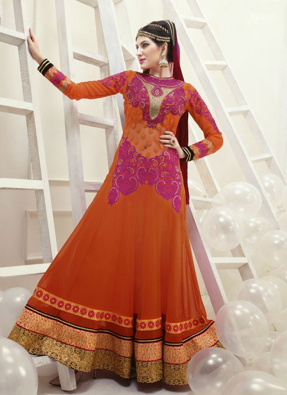 Movable Orange Resham Work Georgette Anarkali Suit