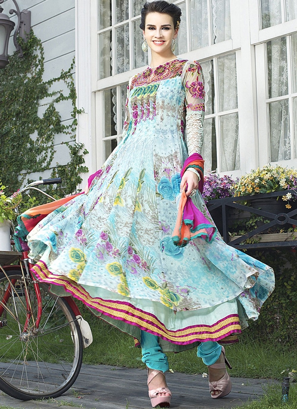 Multi Color Printed Faux Georgette Net Anarkali Suit