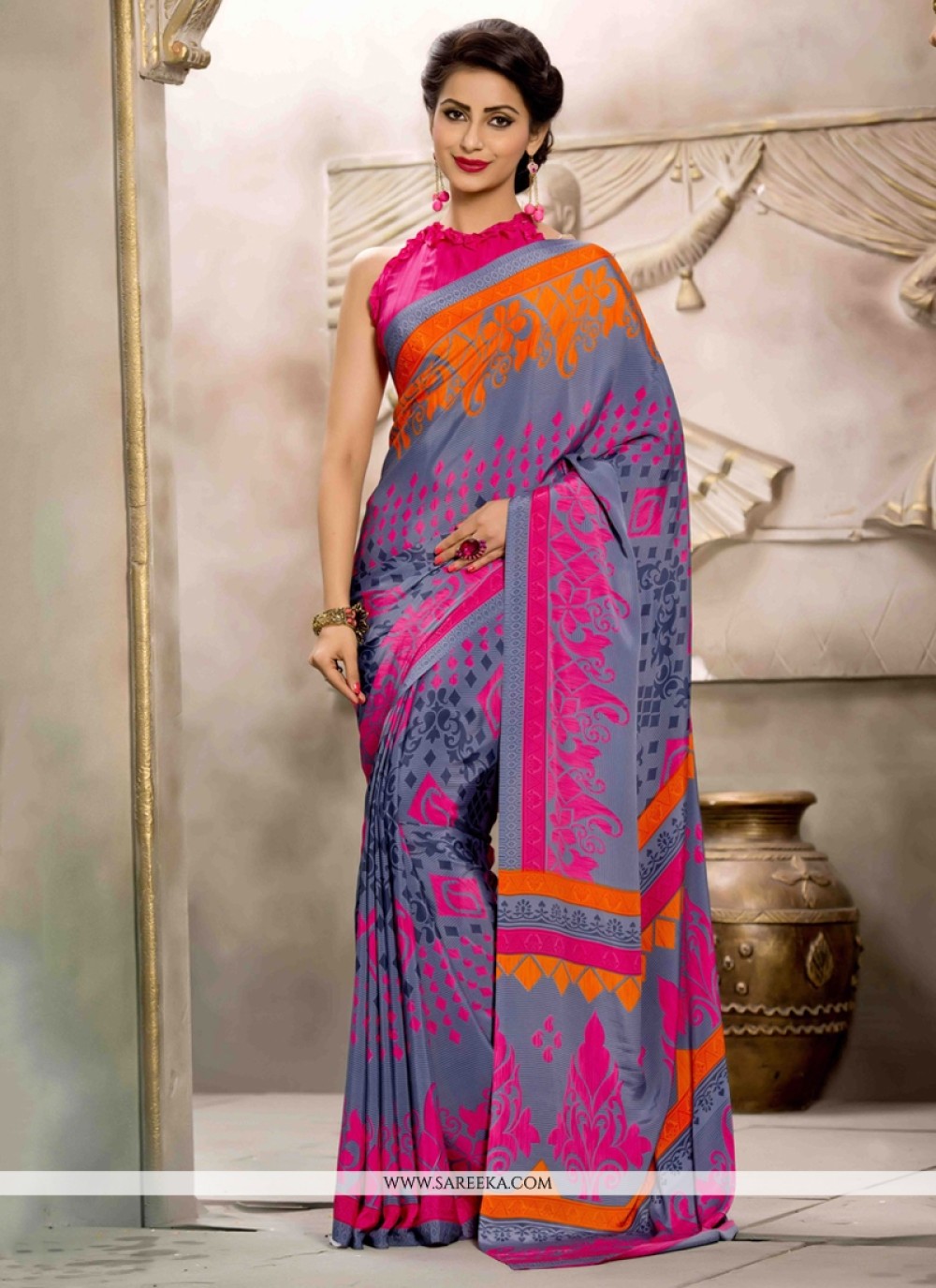 Multi Colour Print Work Crepe Silk Casual Saree