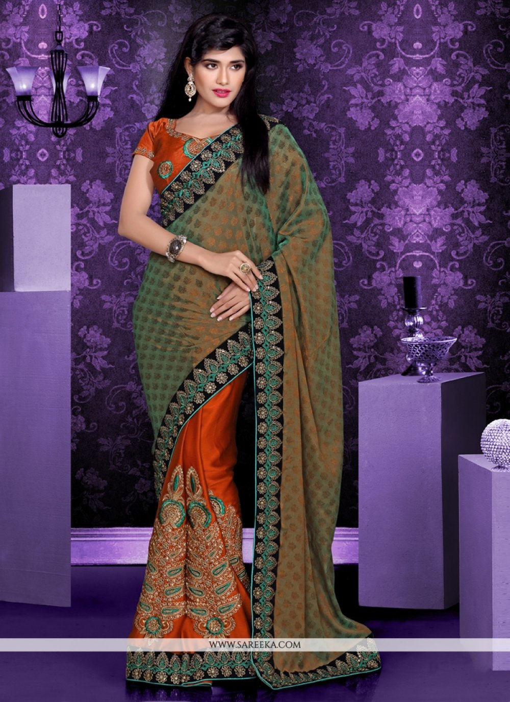 Multicolor Shaded Georgette And Satin Saree