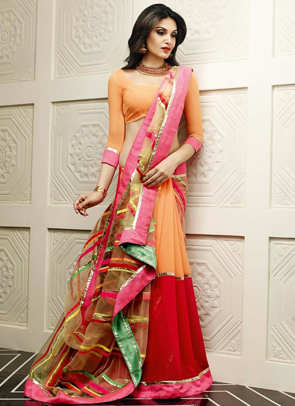 multicolored patch border work georgette half and half saree