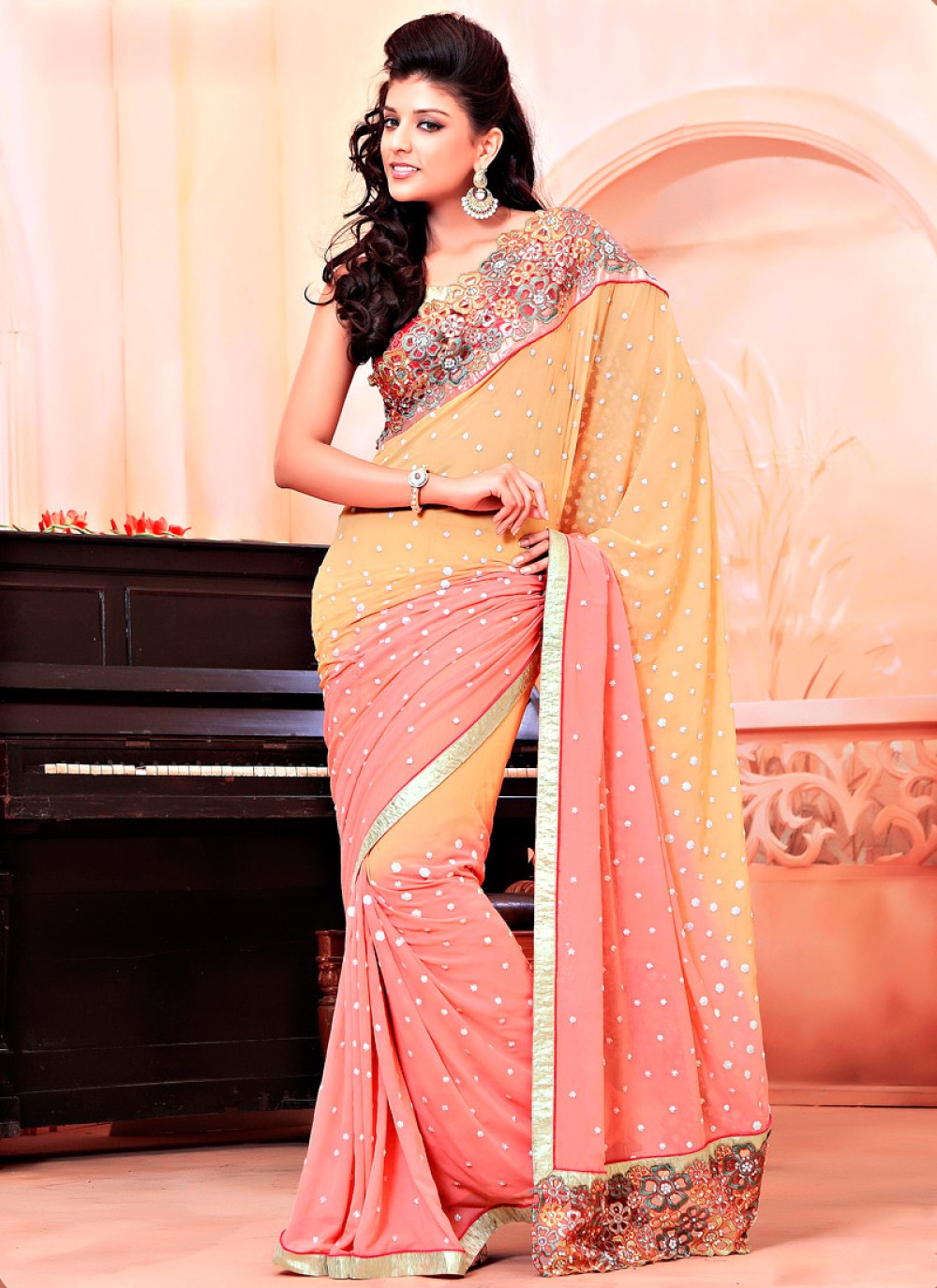 Mustard and Peach Faux Georgette Saree