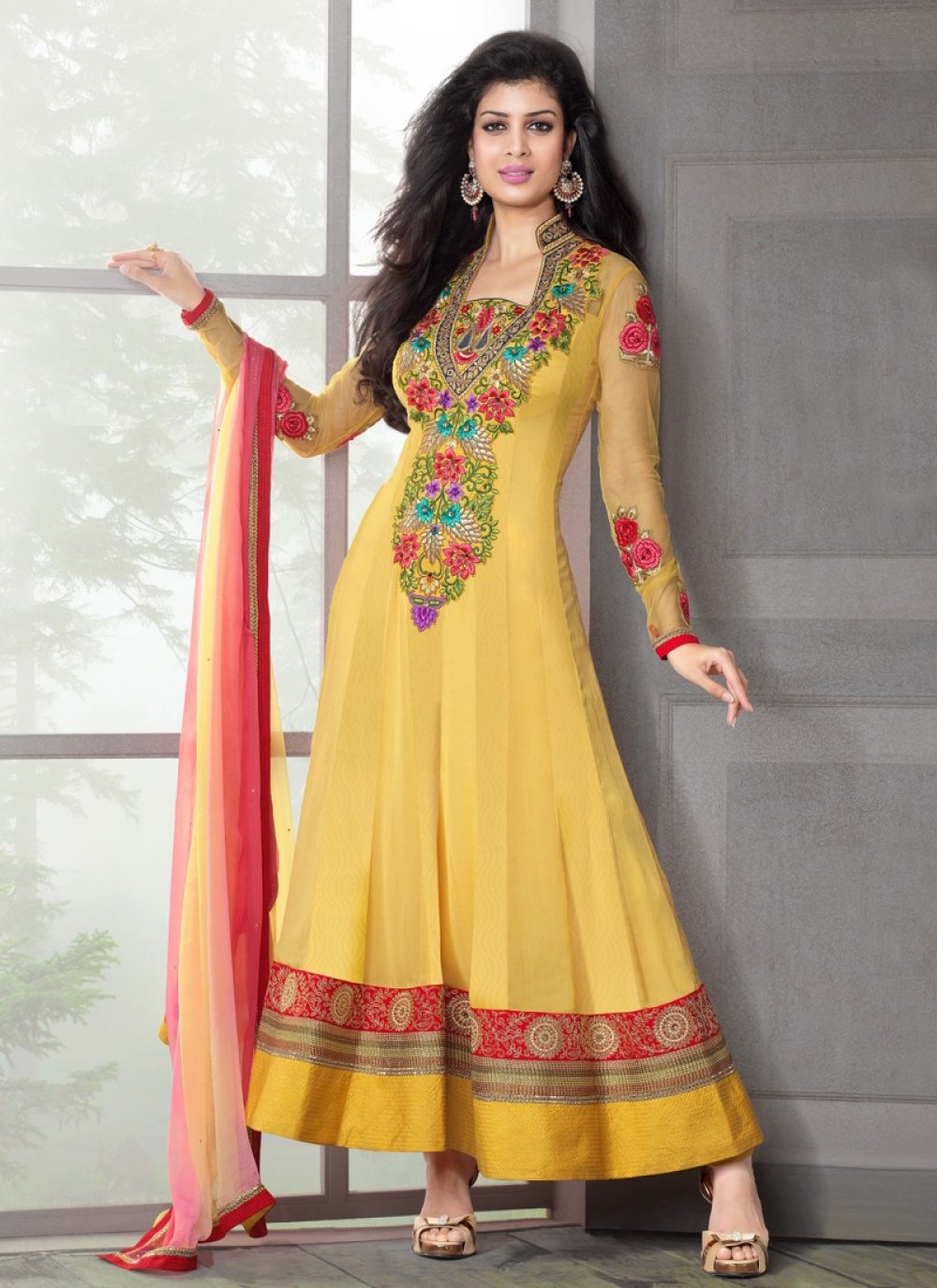 Mustard Resham Work Jacquard Anarkali Suit