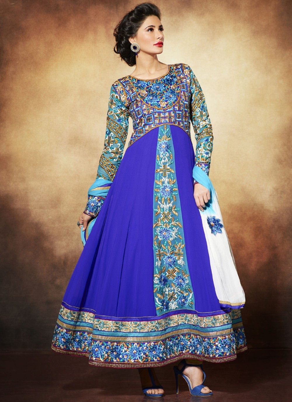 Nargis Fakhri Blue Embroidery Pure Georgette Anarkali Suit