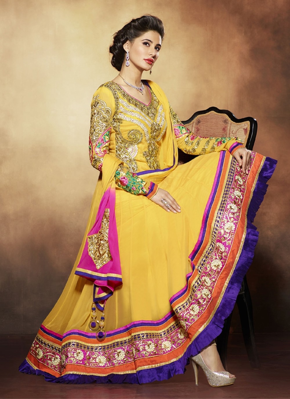 Nargis Fakhri Yellow Embroidery Work Pure Georgette Anarkali Suit