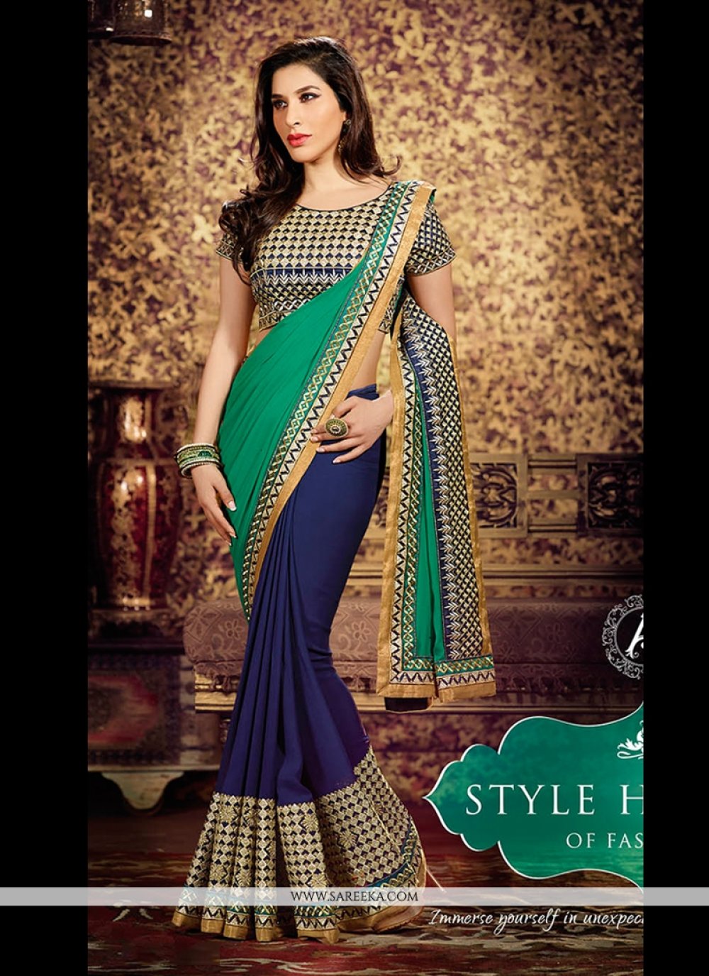 Buy brahmani fashion BF Women's Printed Georgette Saree With Less Border &  Blouse Pieace.(BF04-Multicolour_Blue_Green) at Amazon.in