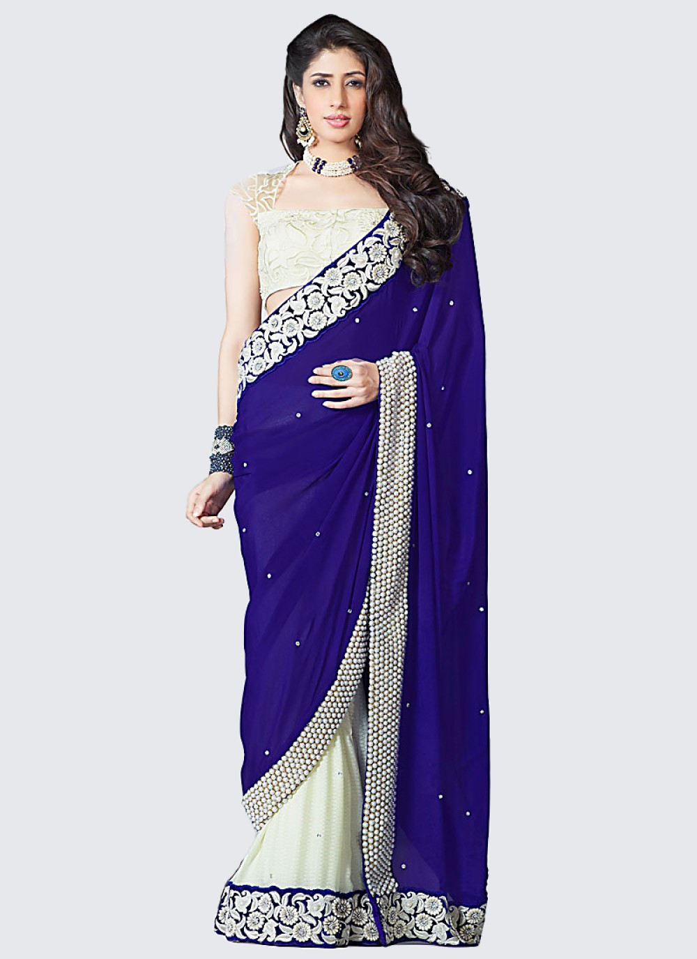 Navy Blue And Off White Faux Georgette Saree