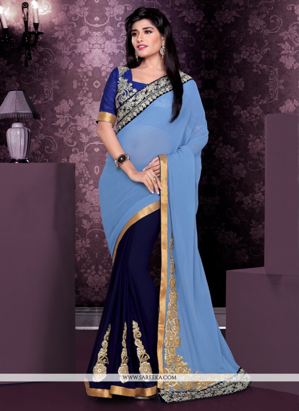 Navy Blue Bamber Georgette Party Wear Saree