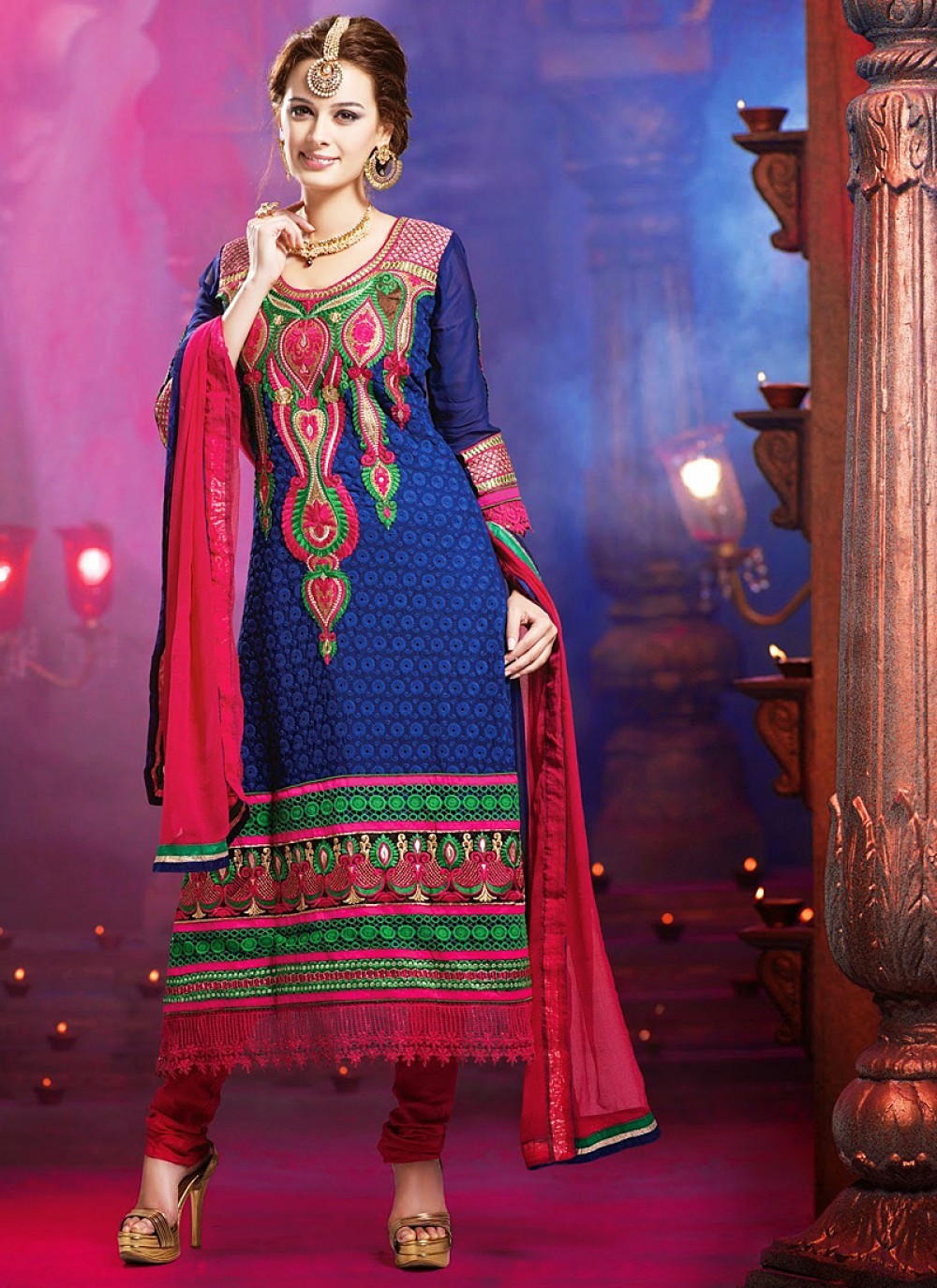 Navy Blue Embroidery Work Georgette Churidar Suit