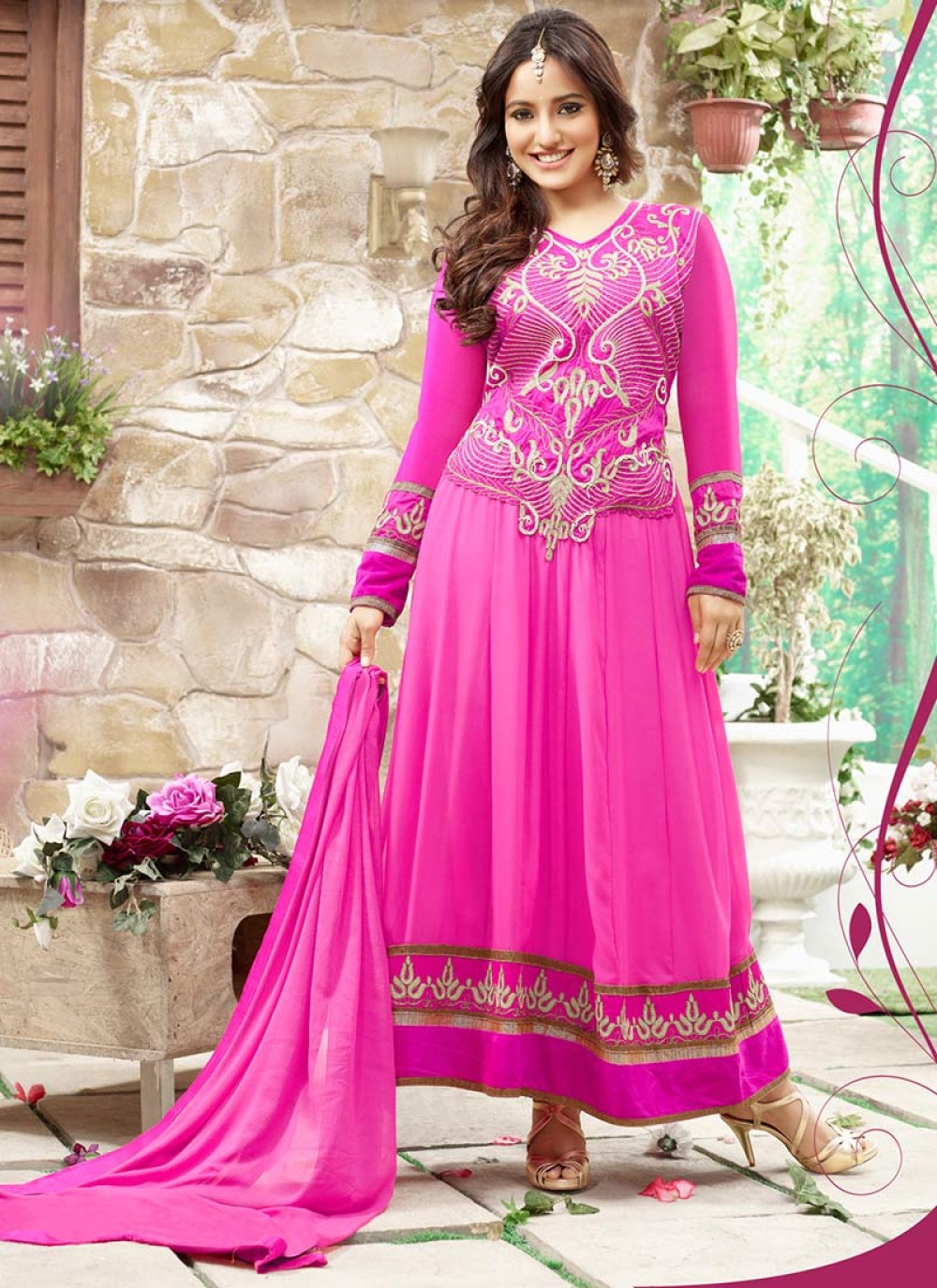 Neha Sharma Pink Border Work Ankle Length Anarkali Suit