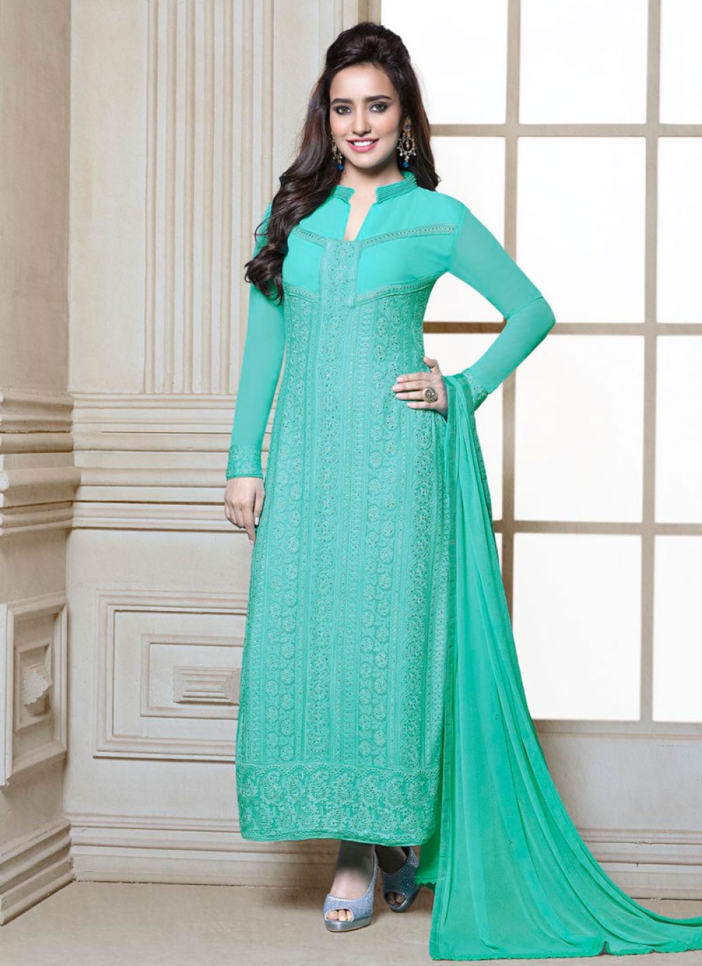 Neha Sharma Turquoise Blue Churidar Salwar Suit