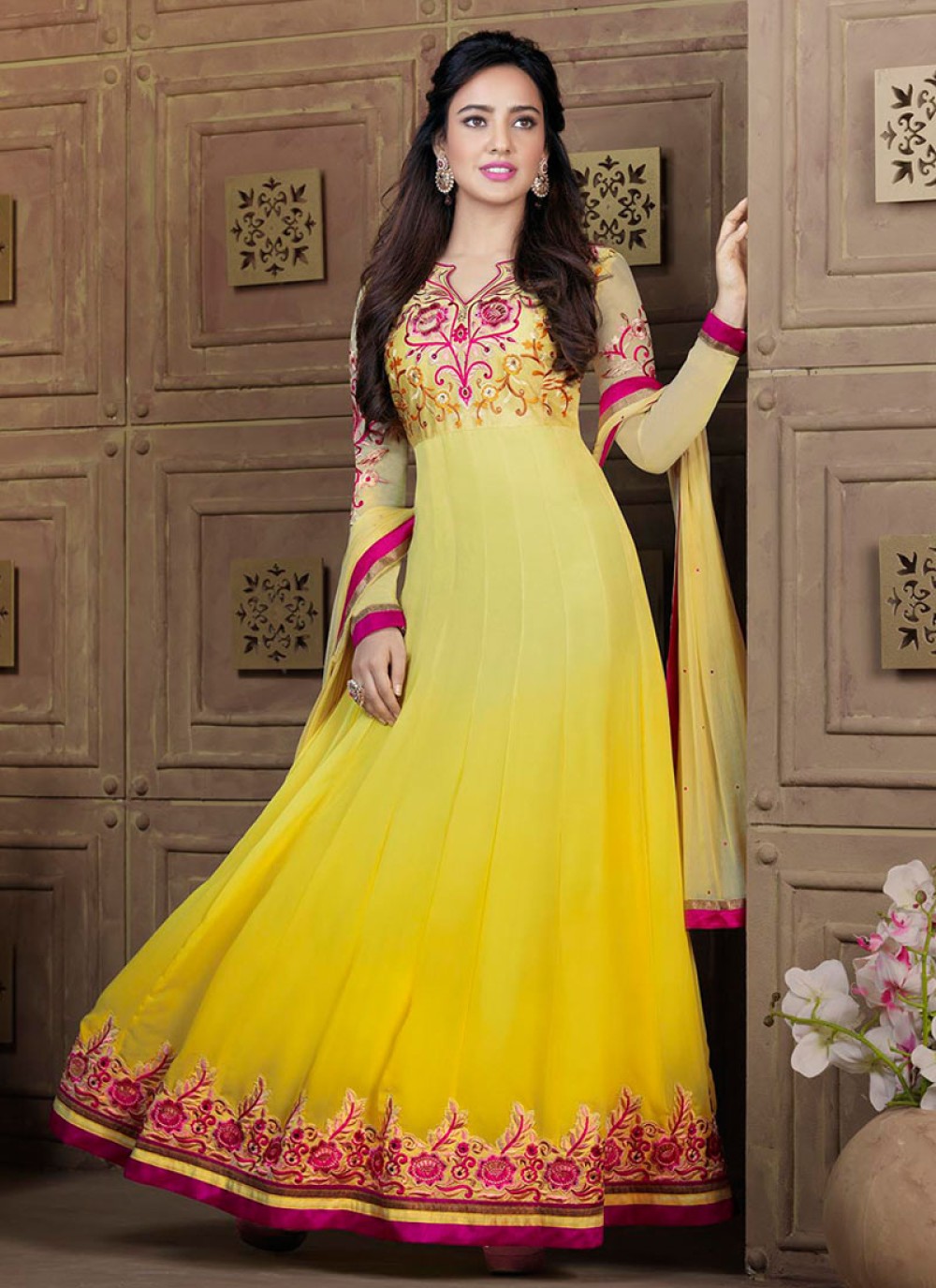 Neha Sharma Yellow Embroidery Work Anarkali Salwar Suit